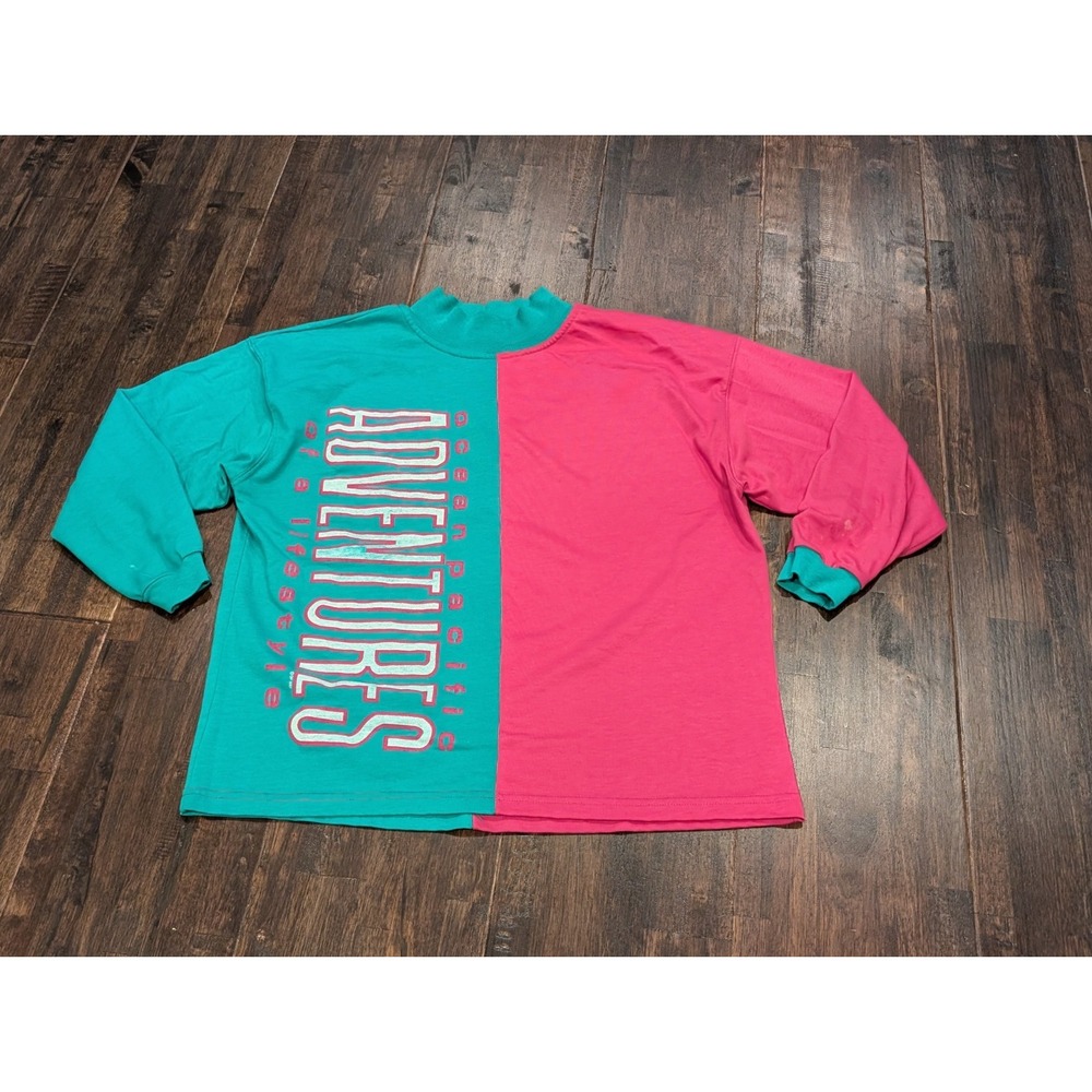Vintage 80s OP Adventures‎ Mock Neck T-Shirt Womens Large Colorblock Teal Pink